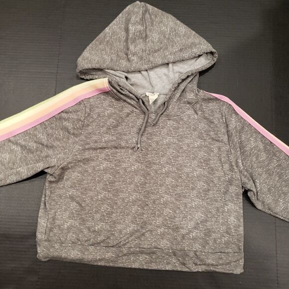 R.Sofia Grey Hoodie Cropped Rainbow Stripes - Picture 3 of 8